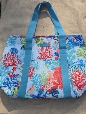 Vera Bradley Aqua Coral Reef Print Tote with Bright Coral Accents